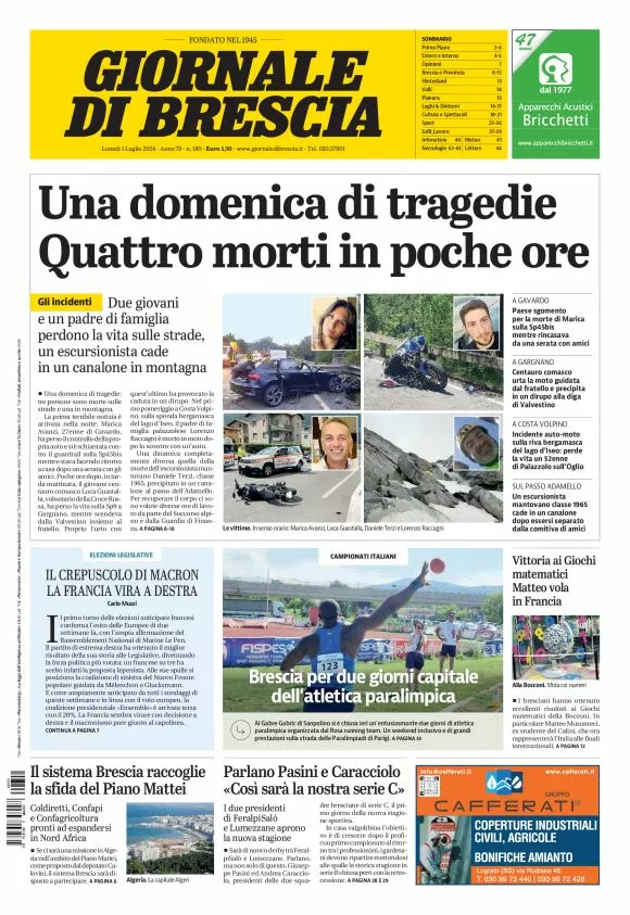 Prima-pagina-giornale di brescia-oggi-edizione-del-2024-07-01